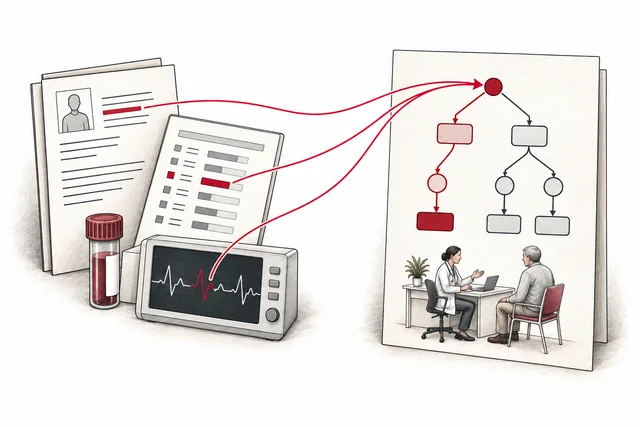 Painted illustration: patient history, lab results, and vital signs connect to a clinical decision.