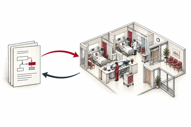 Painted illustration: an AI agent acts in a simulated hospital and receives new observations.