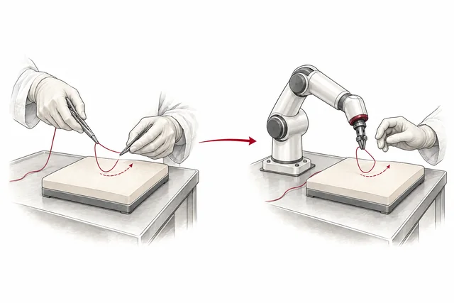 Painted illustration: an expert demonstrates a movement and a supervised robot learns to assist.